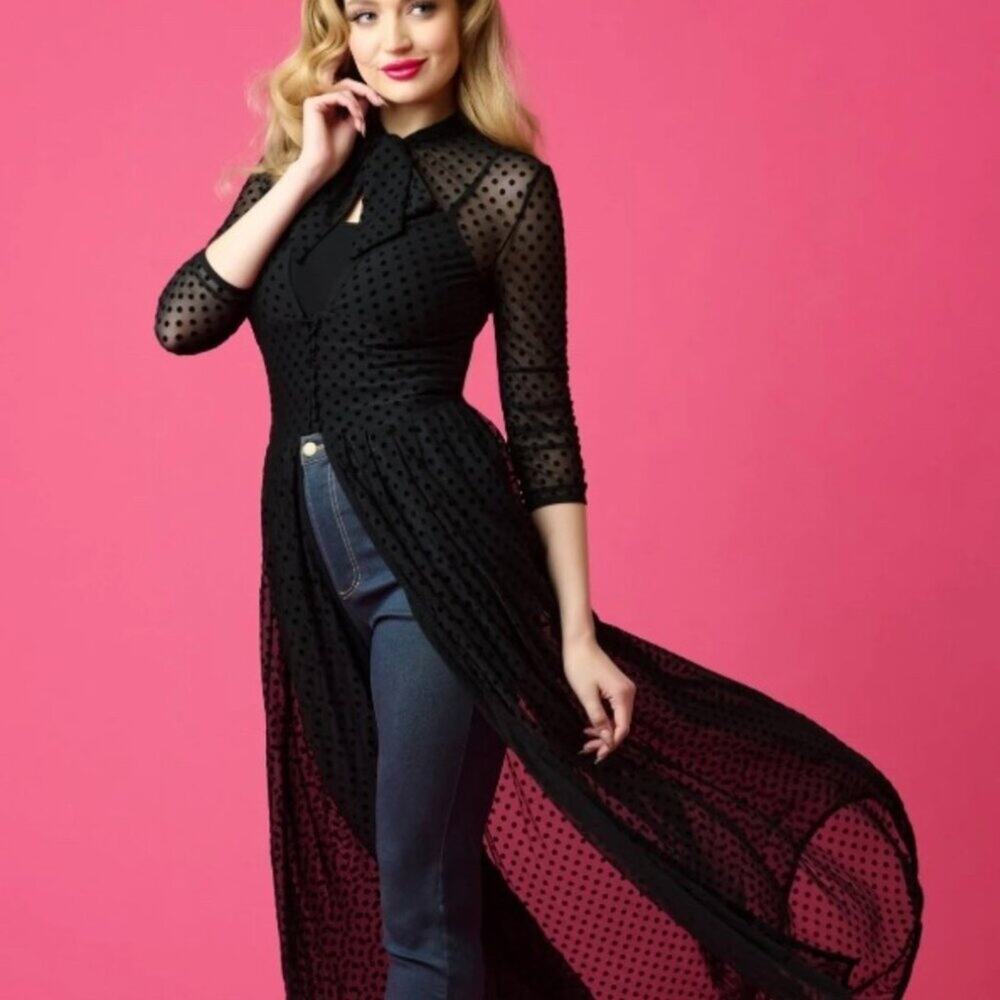 Sheer Dotted Longline Black Jacket Coat with Bow Neck
